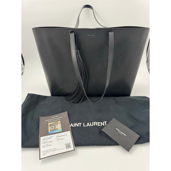 Saint Laurent Large Black Leather Perforated Logo Tote with Tassel – Full Set - Picture 1 of 9